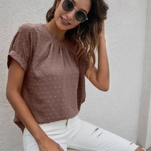 Solid Swiss Dot Keyhole Back Batwing Sleeve Blouse